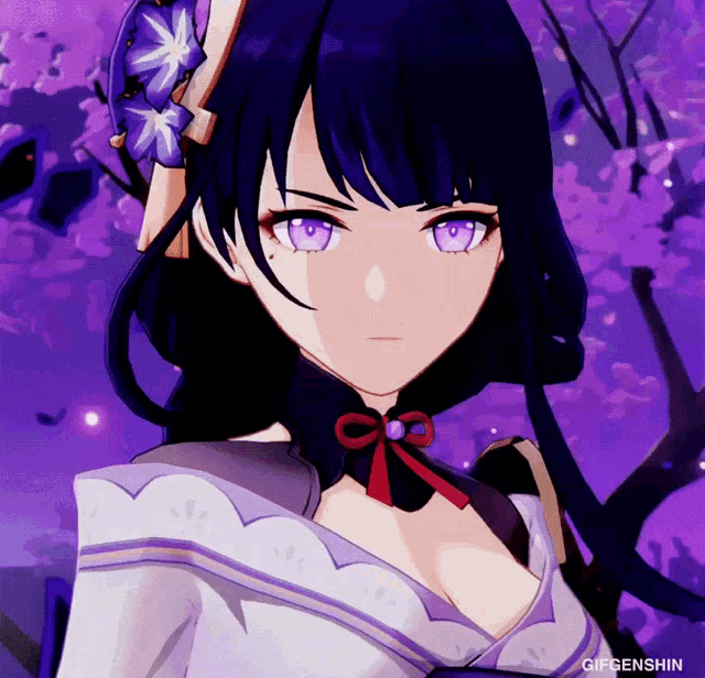 a close up of a girl with purple eyes and a purple background that says gifgenshin on it
