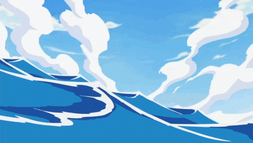 a cartoon illustration of a blue ocean with white clouds in the sky