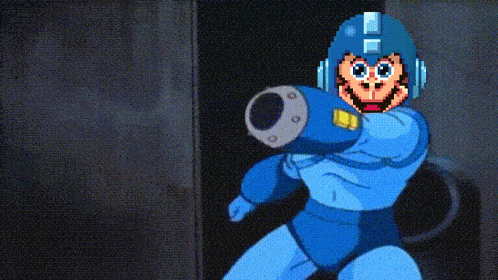 a pixelated image of a video game character with a helmet that says ' mega man ' on it