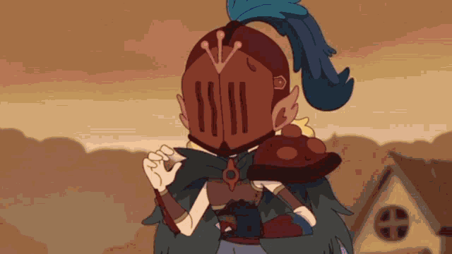 a cartoon character is wearing a helmet with a feather on it