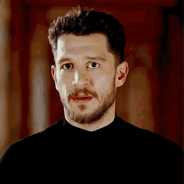 a man with a beard and mustache is wearing a black turtleneck