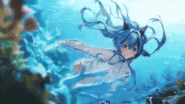 a girl with long blue hair and cat ears is swimming in the ocean .