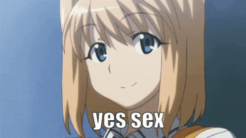 a girl with blonde hair and blue eyes is smiling and says " yes sex "