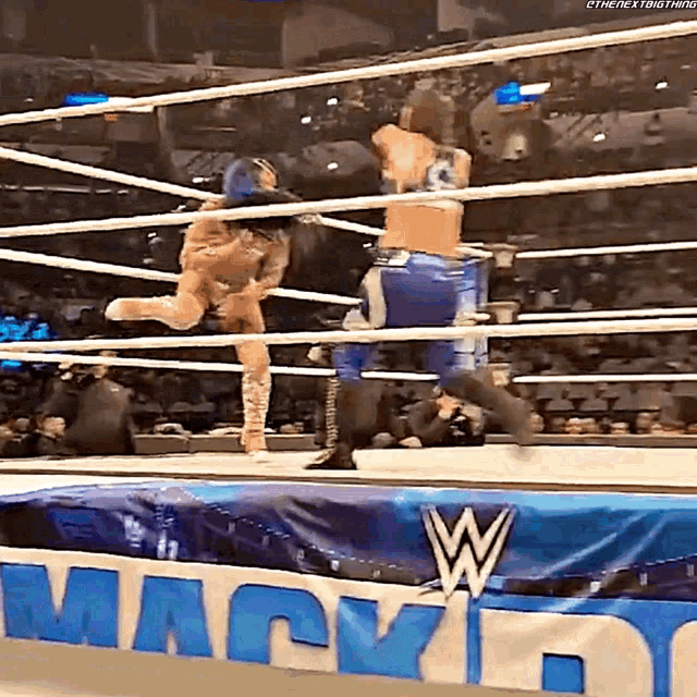 two wrestlers are fighting in a wrestling ring with a banner that says macy 's on it .