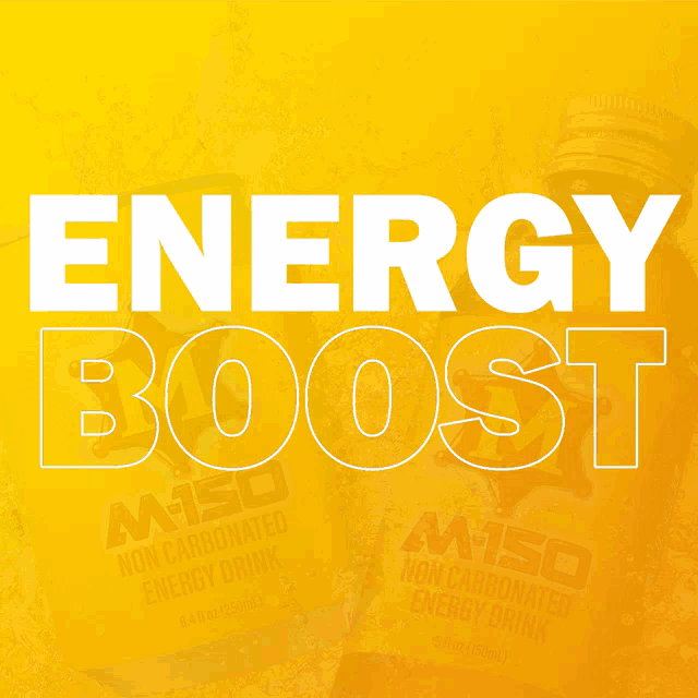 a bottle of m-150 non carbonated energy drink with a yellow label