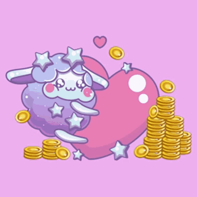 a cartoon sheep holding a pink heart next to stacks of gold coins