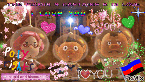 a picture of three cartoon characters that says i love you