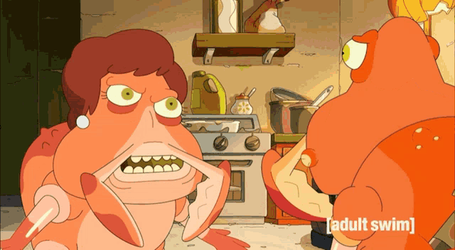 a cartoon of a woman and a crab with the words adult swim on the bottom right