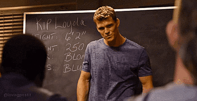 a man is standing in front of a blackboard that says kip loyola