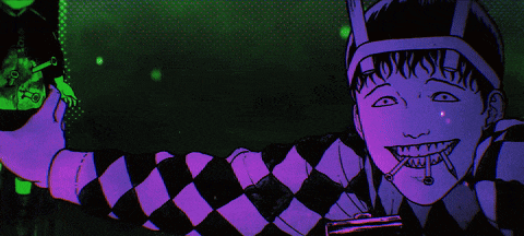 a cartoon character with a purple and black checkered shirt is smiling