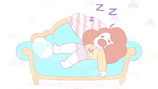 a cartoon character is sleeping on a couch with the letters zzz above her