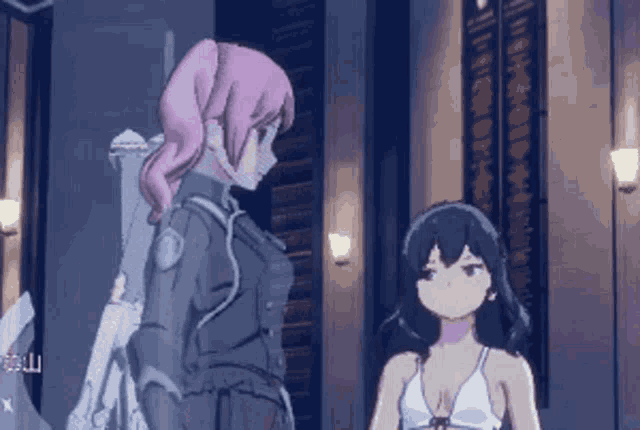 two anime girls are standing next to each other in a dark room .