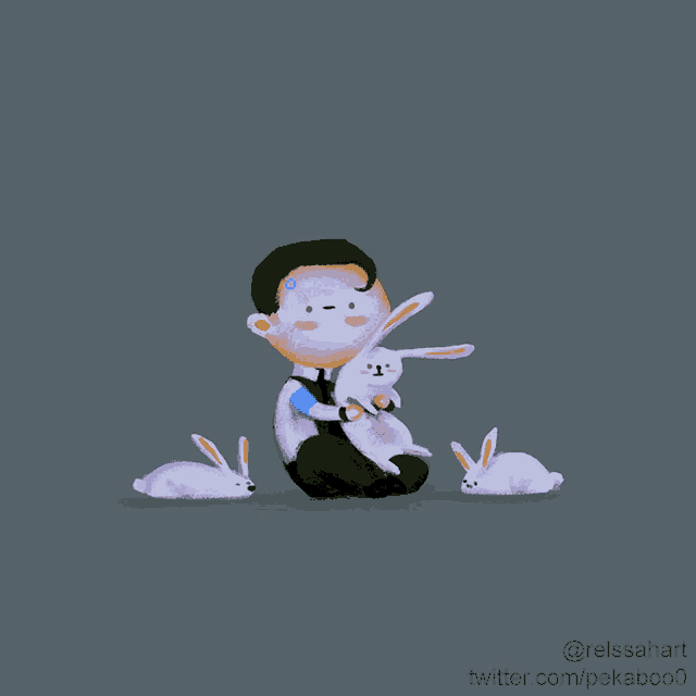 a drawing of a boy holding a stuffed rabbit with twitter.com/pekaboo written below