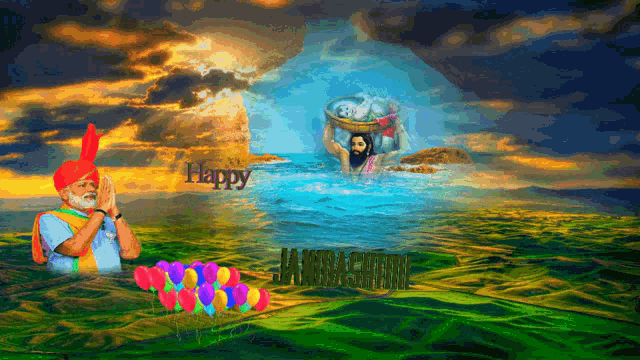 a painting of a man in a turban and a woman carrying a basket with the word happy written in the background