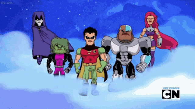 a group of cartoon characters standing next to each other with the cn logo in the corner