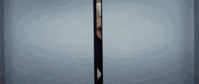 a woman is peeking out from behind a door .
