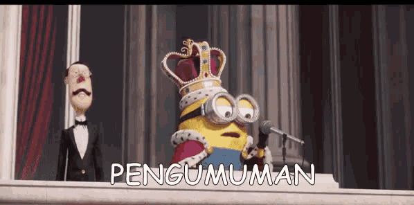 a minion wearing a crown and goggles is giving a speech