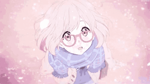 a girl with pink hair and glasses is wearing a scarf and looking up .