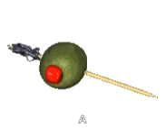 a green olive on a toothpick with a red cherry on it .