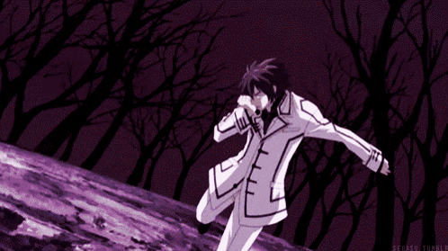 a man in a white suit is running through a purple forest