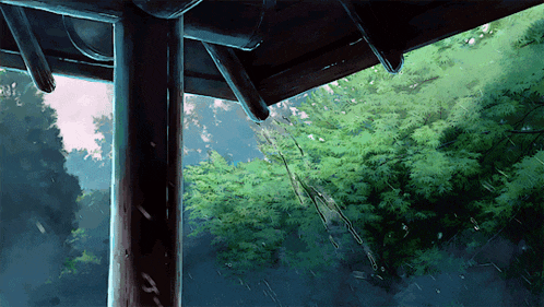 rain is falling from the roof of a building in the woods