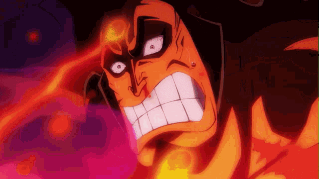 a close up of a cartoon character with flames coming out of his mouth