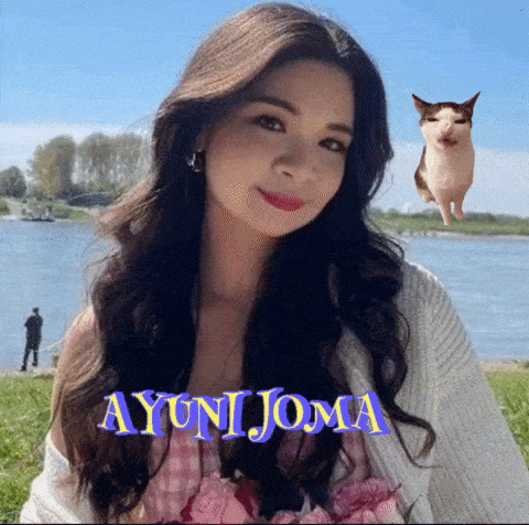 a picture of a woman and a cat with ayuni joma written on the bottom