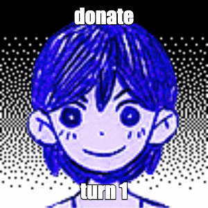 a drawing of a boy with blue hair and the words `` donate turn 1 '' on the bottom .