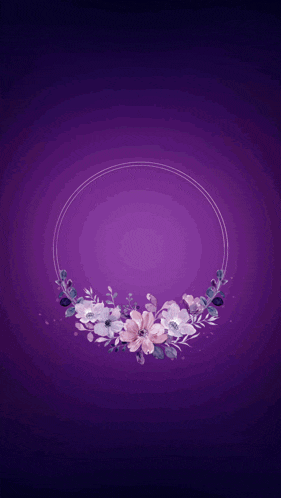 a purple background with purple flowers and a circle
