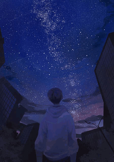 a drawing of a man looking up at the stars