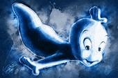 a drawing of a cartoon character flying in the air .