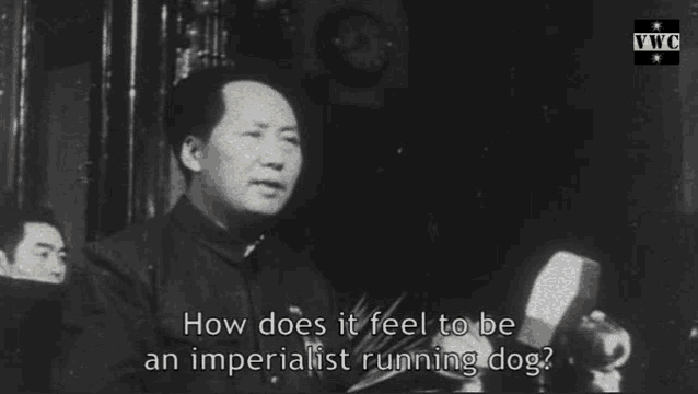 a black and white photo of a man asking how does it feel to be an imperialist running dog