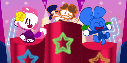 three cartoon characters are standing on red cylinders with stars
