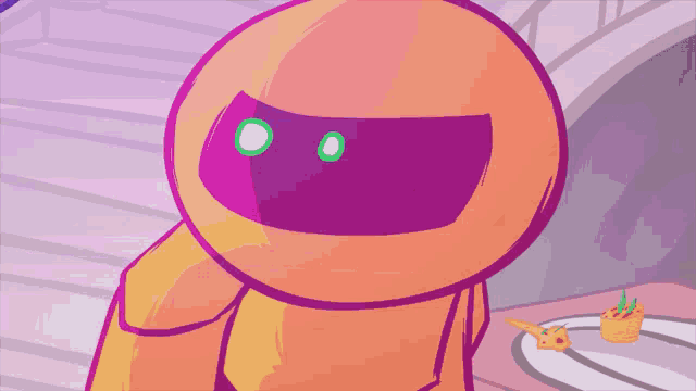 a cartoon character with a purple and orange face