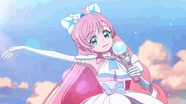 a pixel art of a girl with pink hair holding a wand