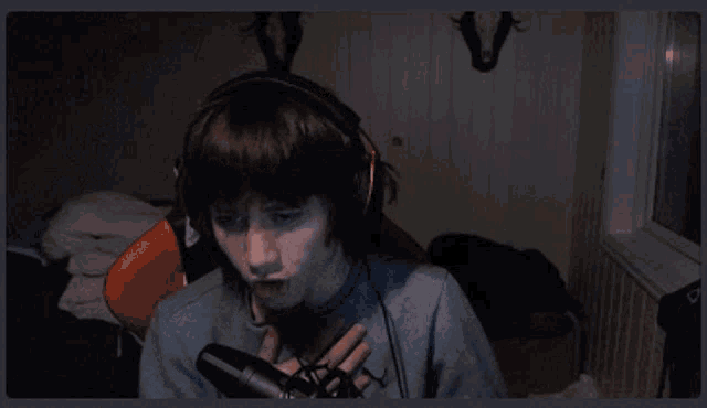 a person wearing headphones and a microphone is sitting in front of a computer screen .