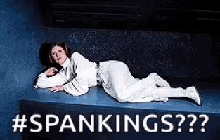 a woman in a white dress is laying on a bed with the words `` spankings '' written on the bottom .