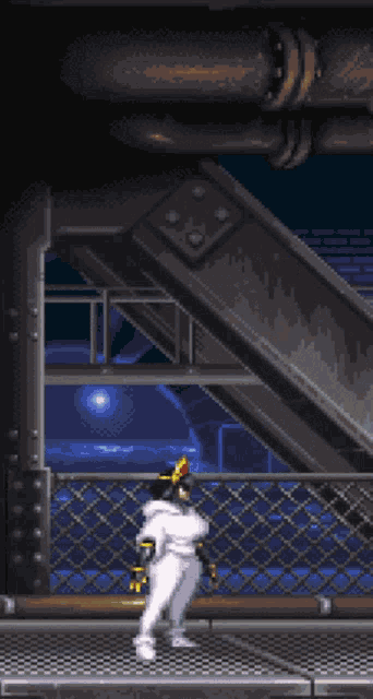 a pixel art of a man standing in front of a pipe with a blue flame coming out of it