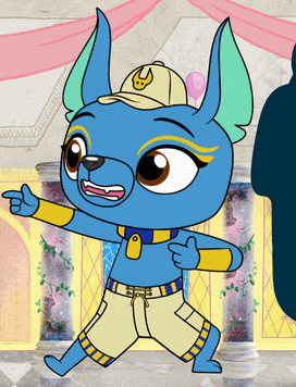 a cartoon of a blue dog wearing a hat with a horse on it