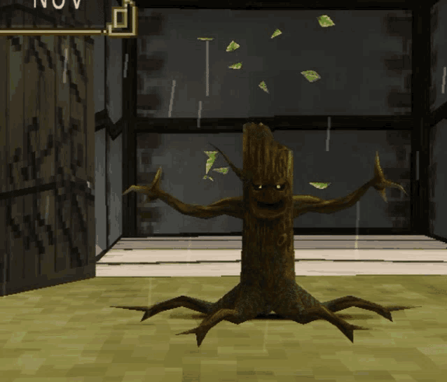 a cartoon drawing of a tree with leaves falling in front of a door that says nov