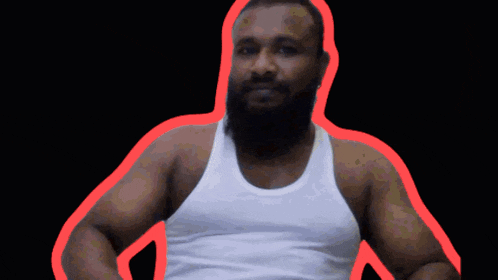 a man with a beard wearing a white tank top with a red border