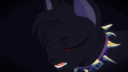 a black cat with blue eyes and a purple collar with spikes on it