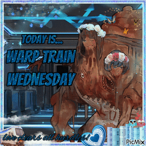 a picture of a dinosaur with flowers on its head and the words today is warp-train wednesday