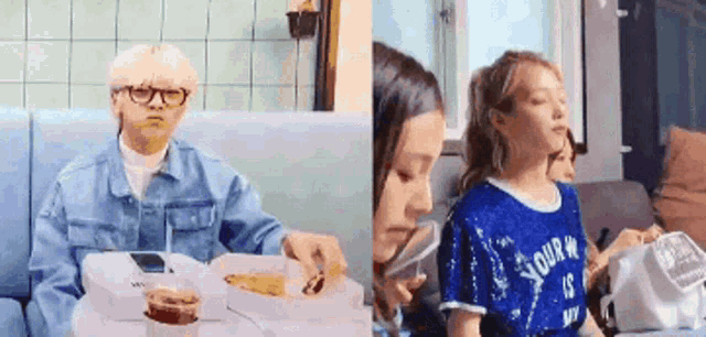 a man and a woman are sitting at a table eating pizza .
