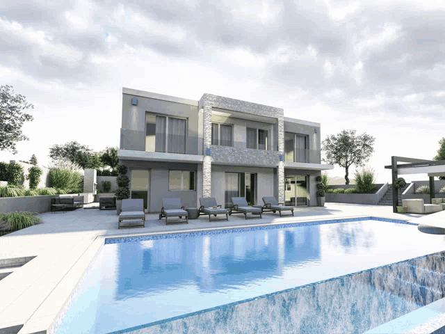 an artist 's impression of a house with a large swimming pool in front of it