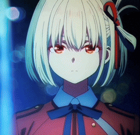 a girl with white hair and red eyes is wearing a red jacket and blue bow tie
