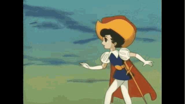 a cartoon of a boy in a cape holding a sword and a sword .