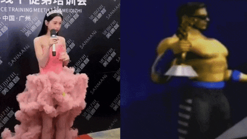 a woman in a pink dress speaking into a microphone next to a statue of a man holding a knife