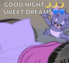a cartoon character is laying on a bed with a pink blanket and a pillow .