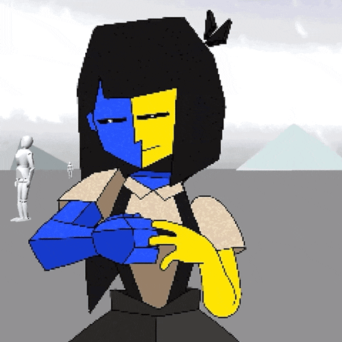 a pixel art of a girl with blue and yellow hair and a butterfly in her hair